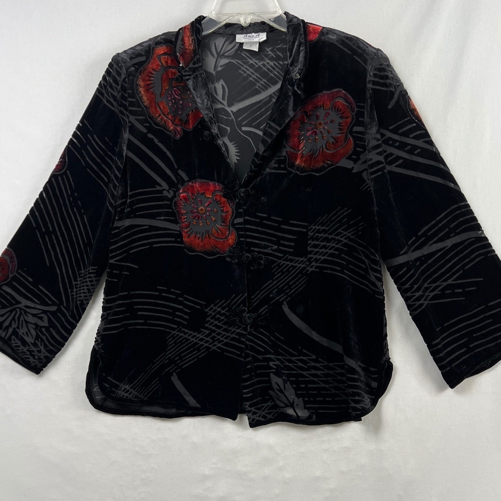 Anis.A Burnout Velvet Jacket Women M Black Red Floral Asian Whimsygoth